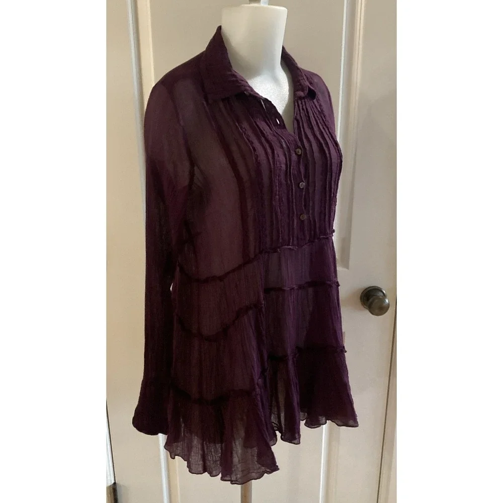 FREE PEOPLE Purple Guaze Tiered Long Sleeve Mini Dress Button Size Small‎